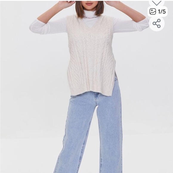 Forever 21 Seafoam Sage Green Cable Knit Sleeveless Sweater Vest w Side Vent. M - Picture 6 of 14